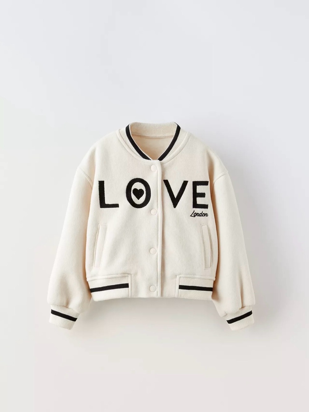 Zara White Kids Bomber Jacket with Black Trim and LOVE Embroidery-4T